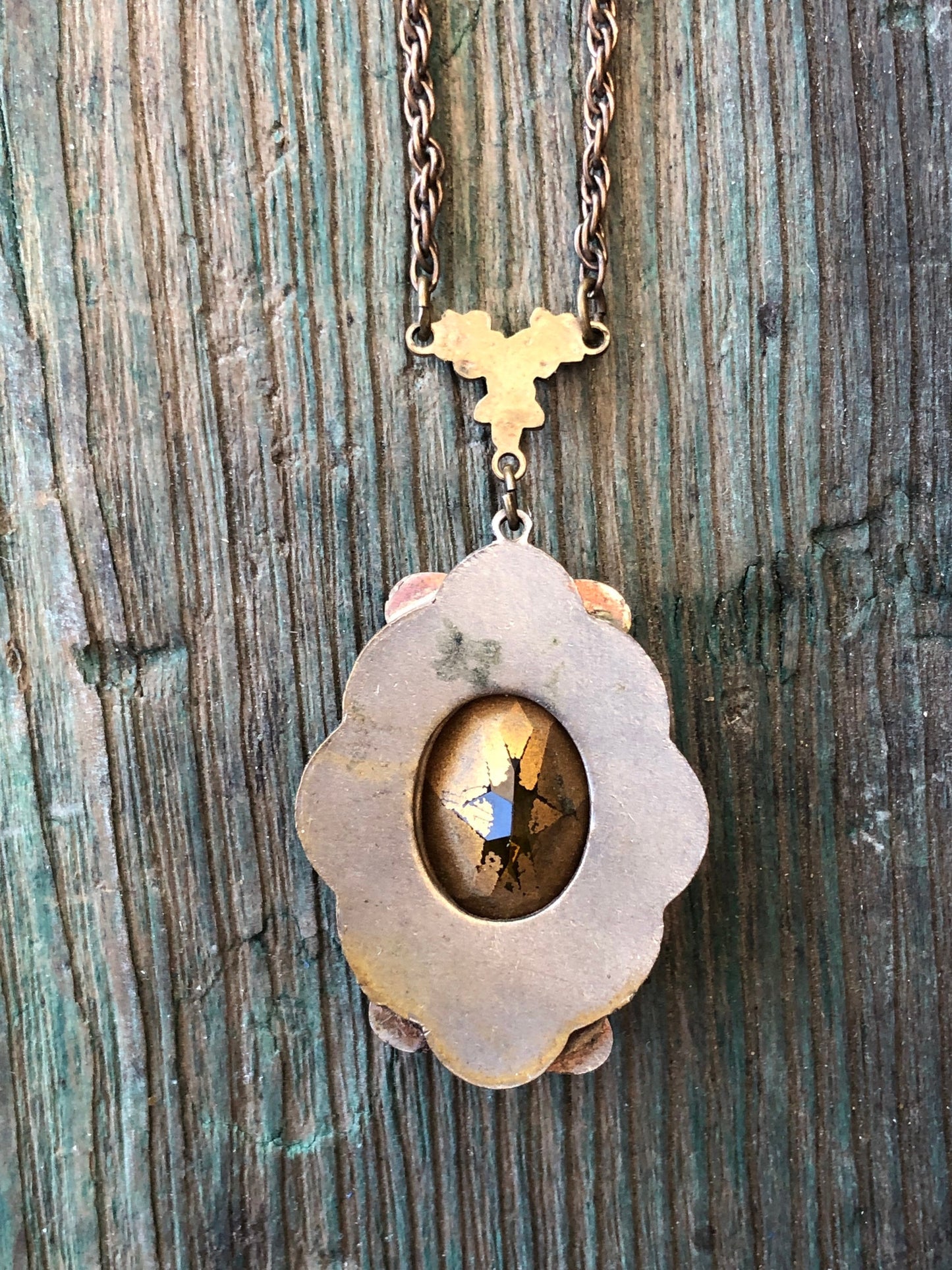 Antique Art Nouveau Gilded Brass & Czech Citrine Art Glass Embossed Necklace