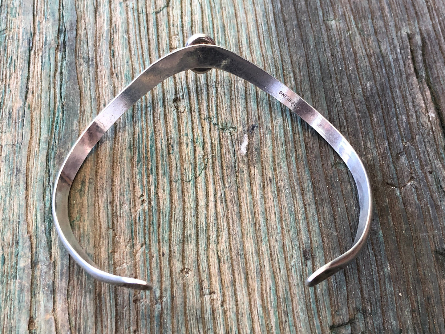 Vintage Hand Hammered Sterling Silver & Pink Rose Quartz Chevron Cuff Bracelet