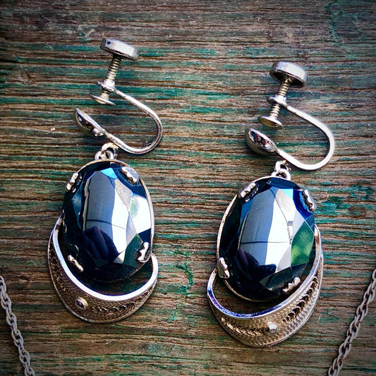 Vintage Sterling Silver Filigree & Faceted Hematite Signed Sorrento Necklace and Earring Set