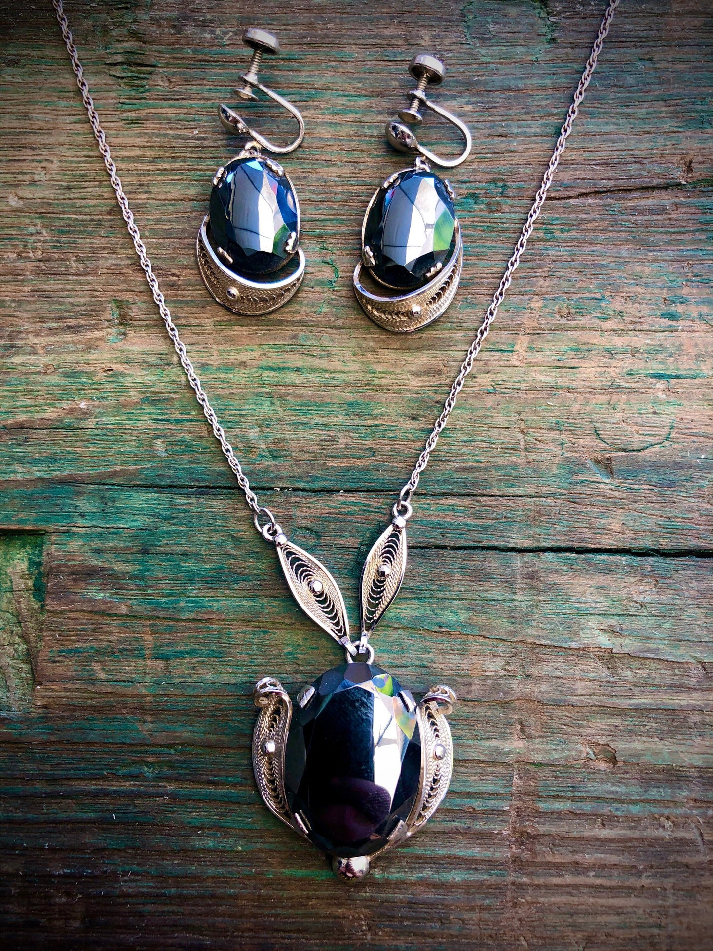 Vintage Sterling Silver Filigree & Faceted Hematite Signed Sorrento Necklace and Earring Set