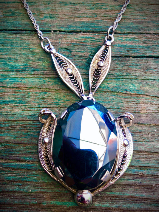 Vintage Sterling Silver Filigree & Faceted Hematite Signed Sorrento Necklace and Earring Set