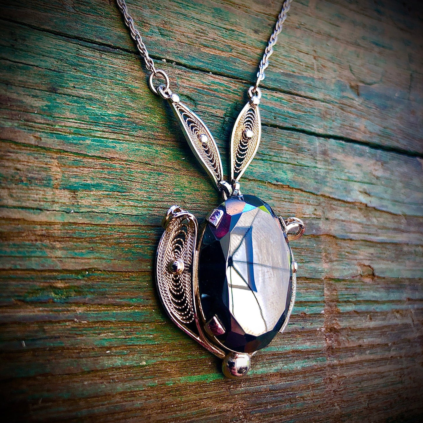 Vintage Sterling Silver Filigree & Faceted Hematite Signed Sorrento Necklace and Earring Set