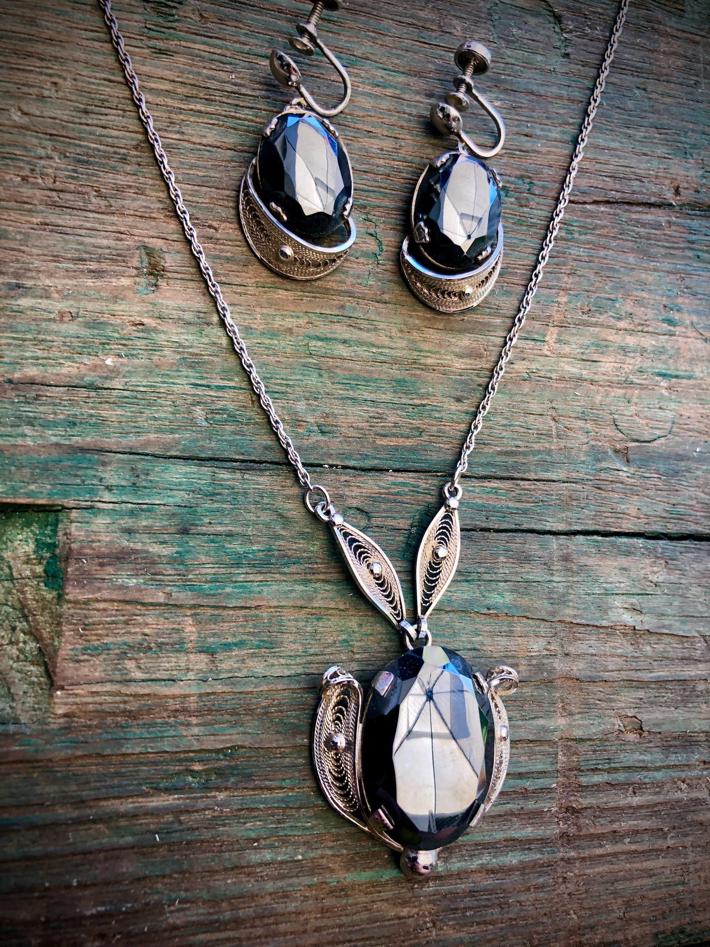 Vintage Sterling Silver Filigree & Faceted Hematite Signed Sorrento Necklace and Earring Set