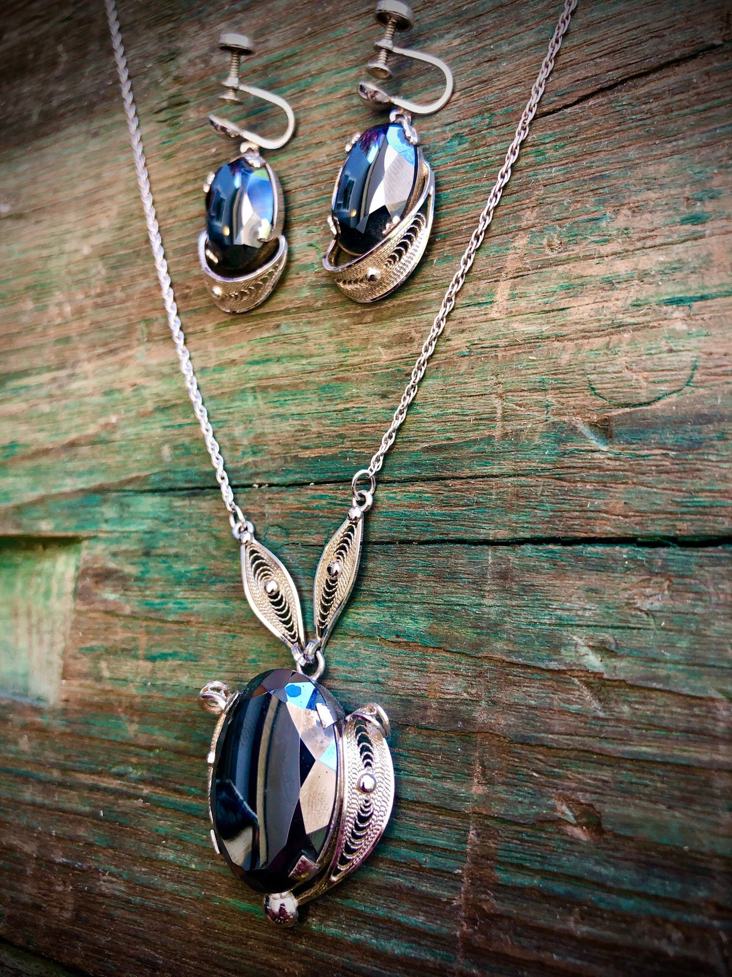 Vintage Sterling Silver Filigree & Faceted Hematite Signed Sorrento Necklace and Earring Set