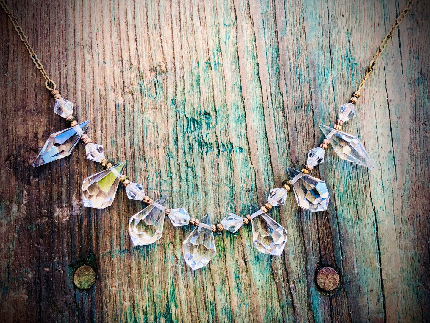 Antique Victorian Dangling Austrian Crystal Necklace on Gilded Gold Brass Peanut Chain