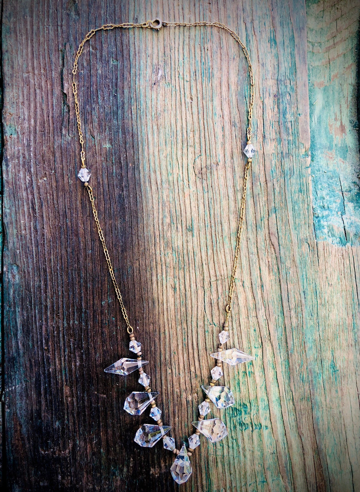 Antique Victorian Dangling Austrian Crystal Necklace on Gilded Gold Brass Peanut Chain
