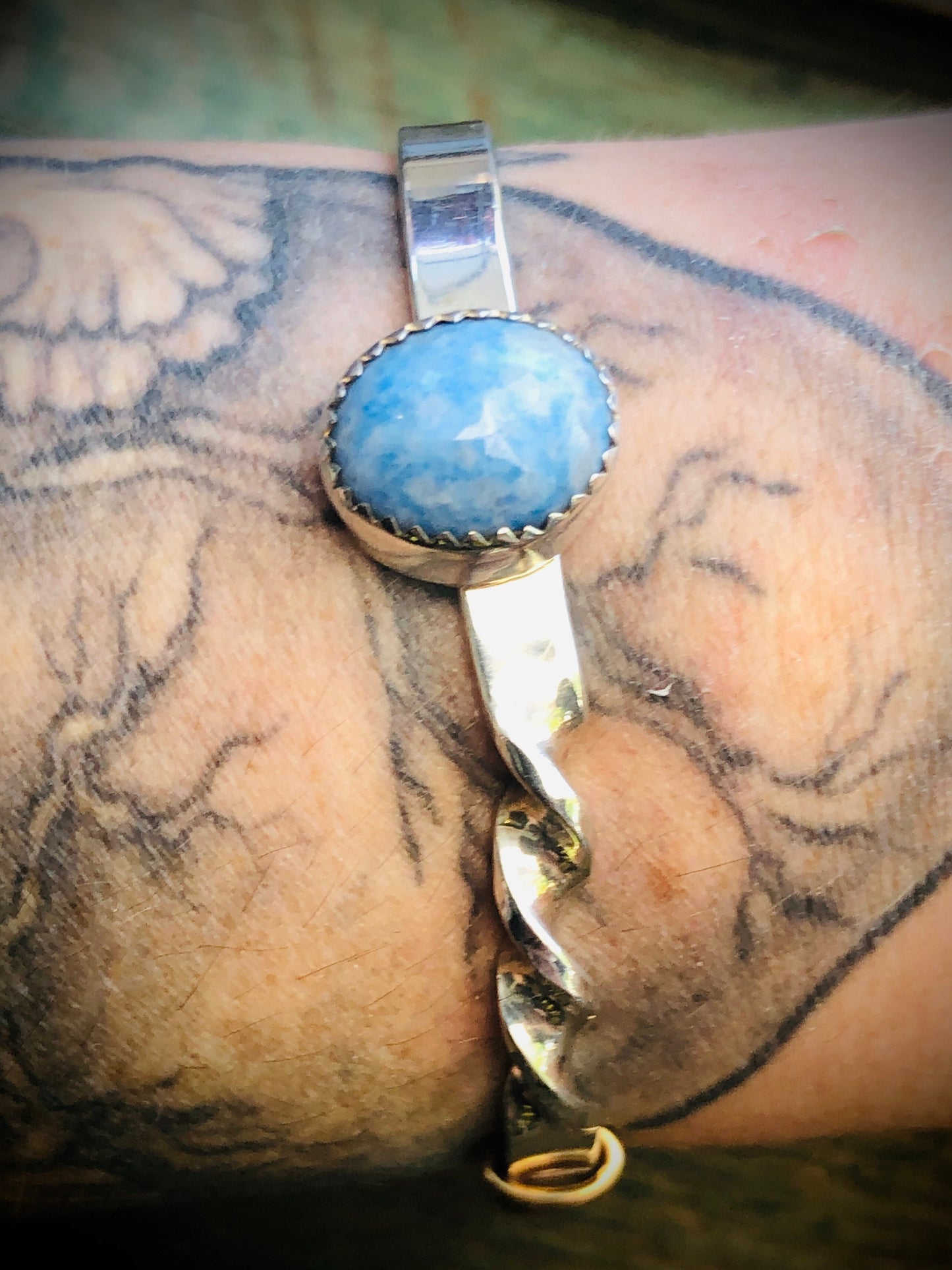 Vintage Sterling Silver & 12K GF Larimar Gemstone Twisted Cuff Bracelet