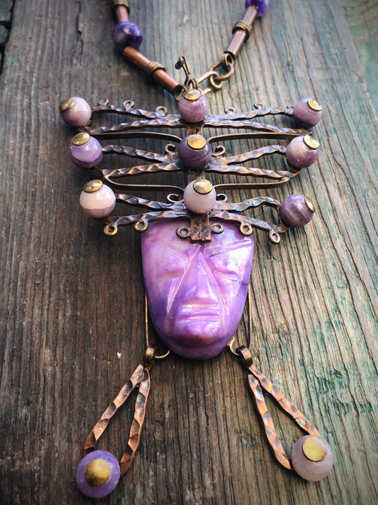Vintage Mexican Copper & Brass Purple Agate Carved Stone Face Mask & Bead Mixed Metal Necklace