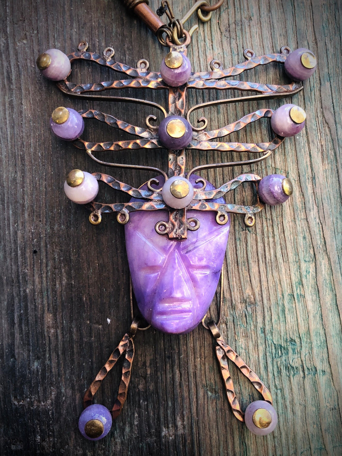 Vintage Mexican Copper & Brass Purple Agate Carved Stone Face Mask & Bead Mixed Metal Necklace