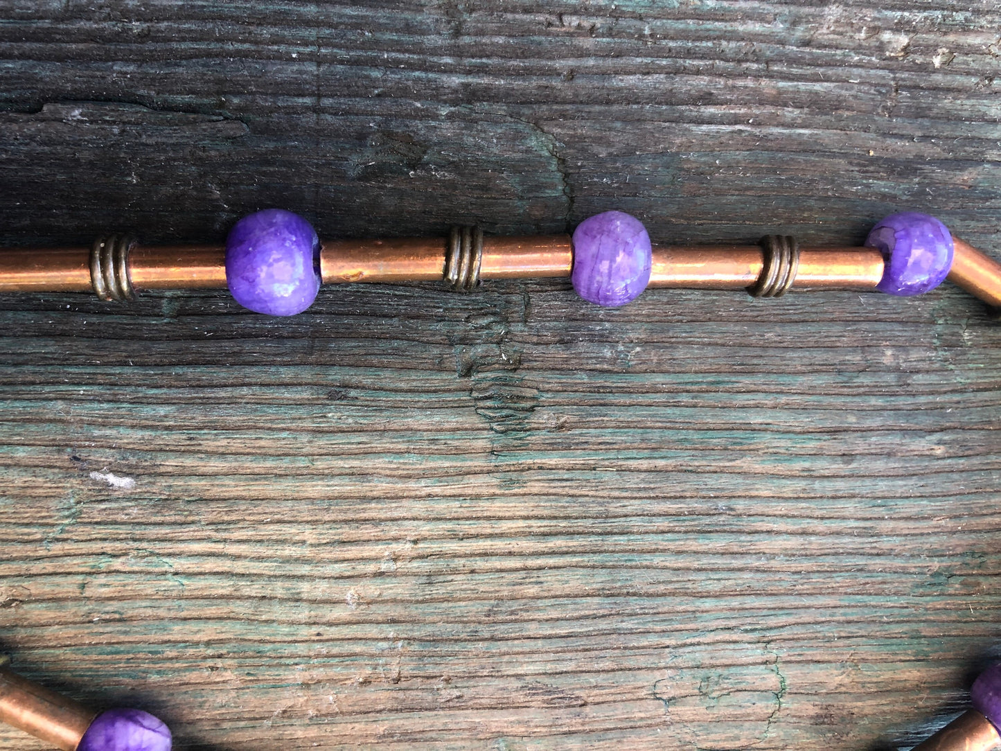 Vintage Mexican Copper & Brass Purple Agate Carved Stone Face Mask & Bead Mixed Metal Necklace