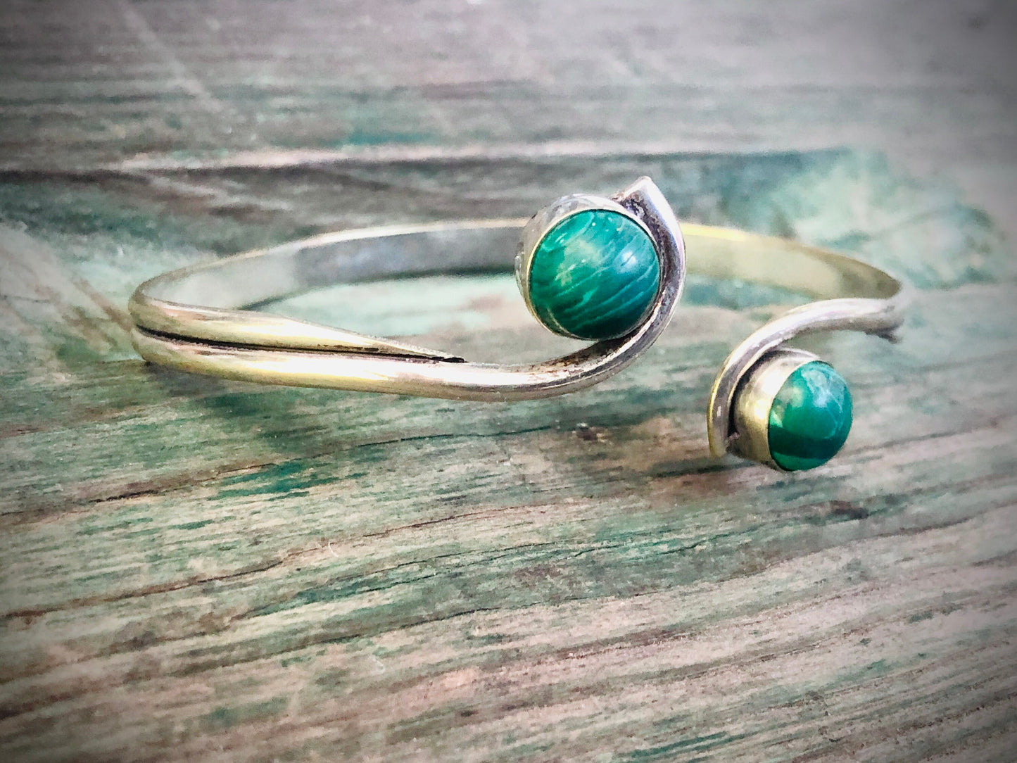 Vintage Malachite Gemstone Native Sterling Silver Bypass Cuff Bangle Bracelet