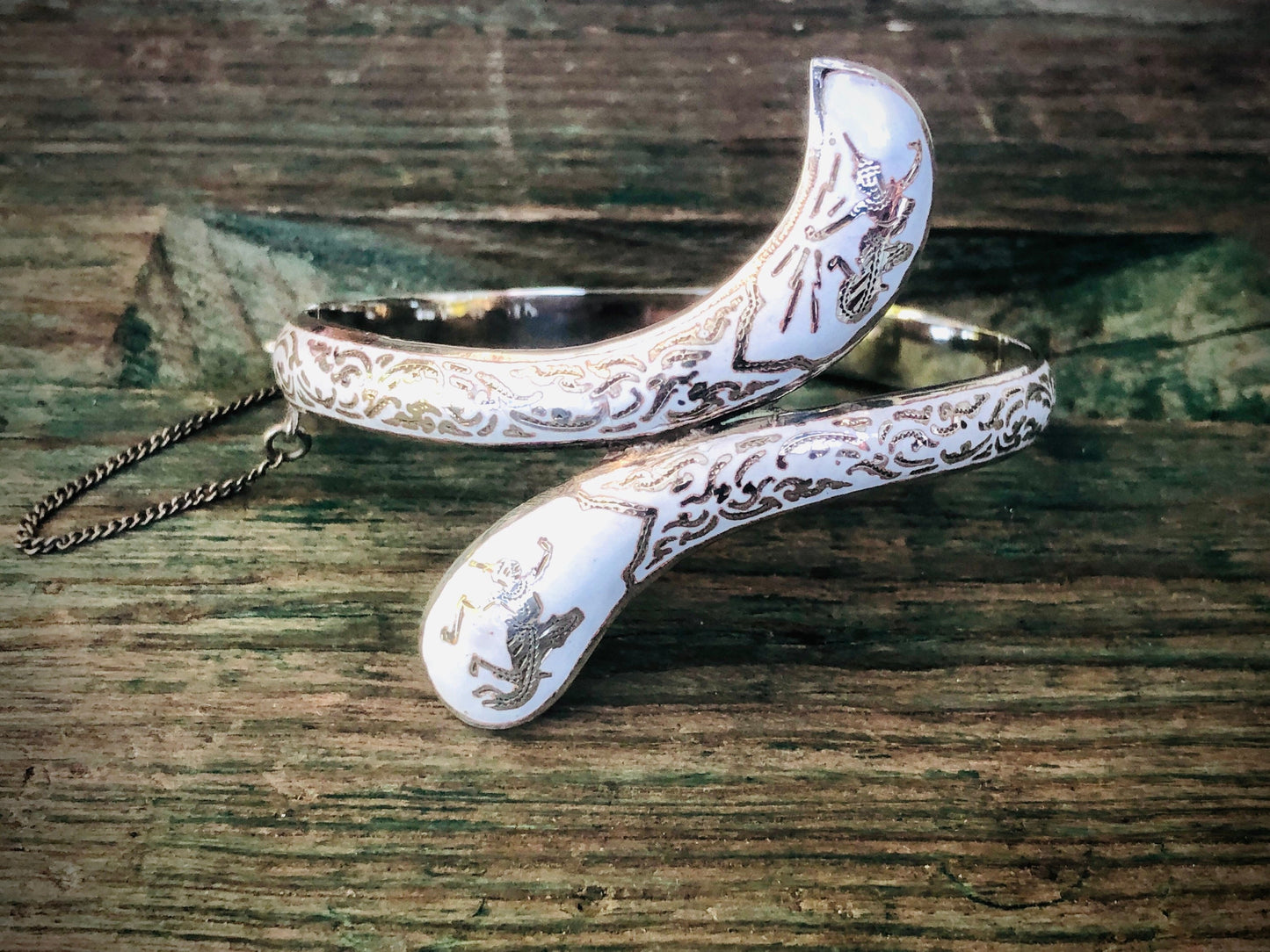 Vintage Siam Sterling Silver White Enamel Mekkalah & Ramasoon Hindu Gods and Goddess Lightning and Thunder Hinged Bangle Bracelet