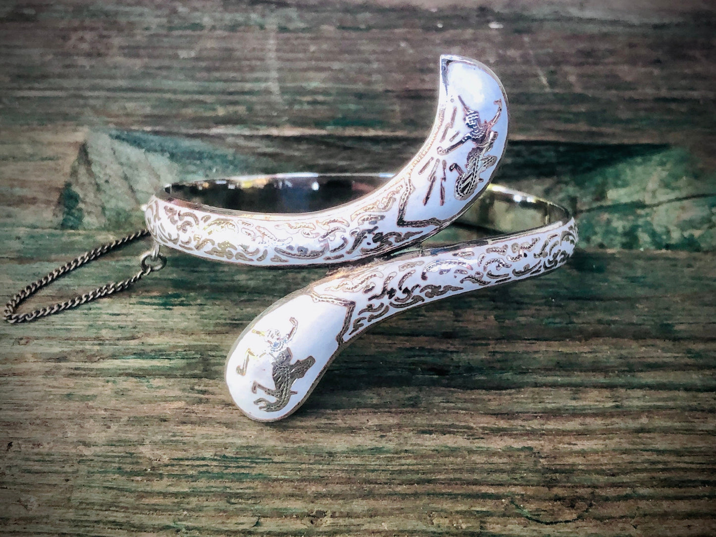 Vintage Siam Sterling Silver White Enamel Mekkalah & Ramasoon Hindu Gods and Goddess Lightning and Thunder Hinged Bangle Bracelet