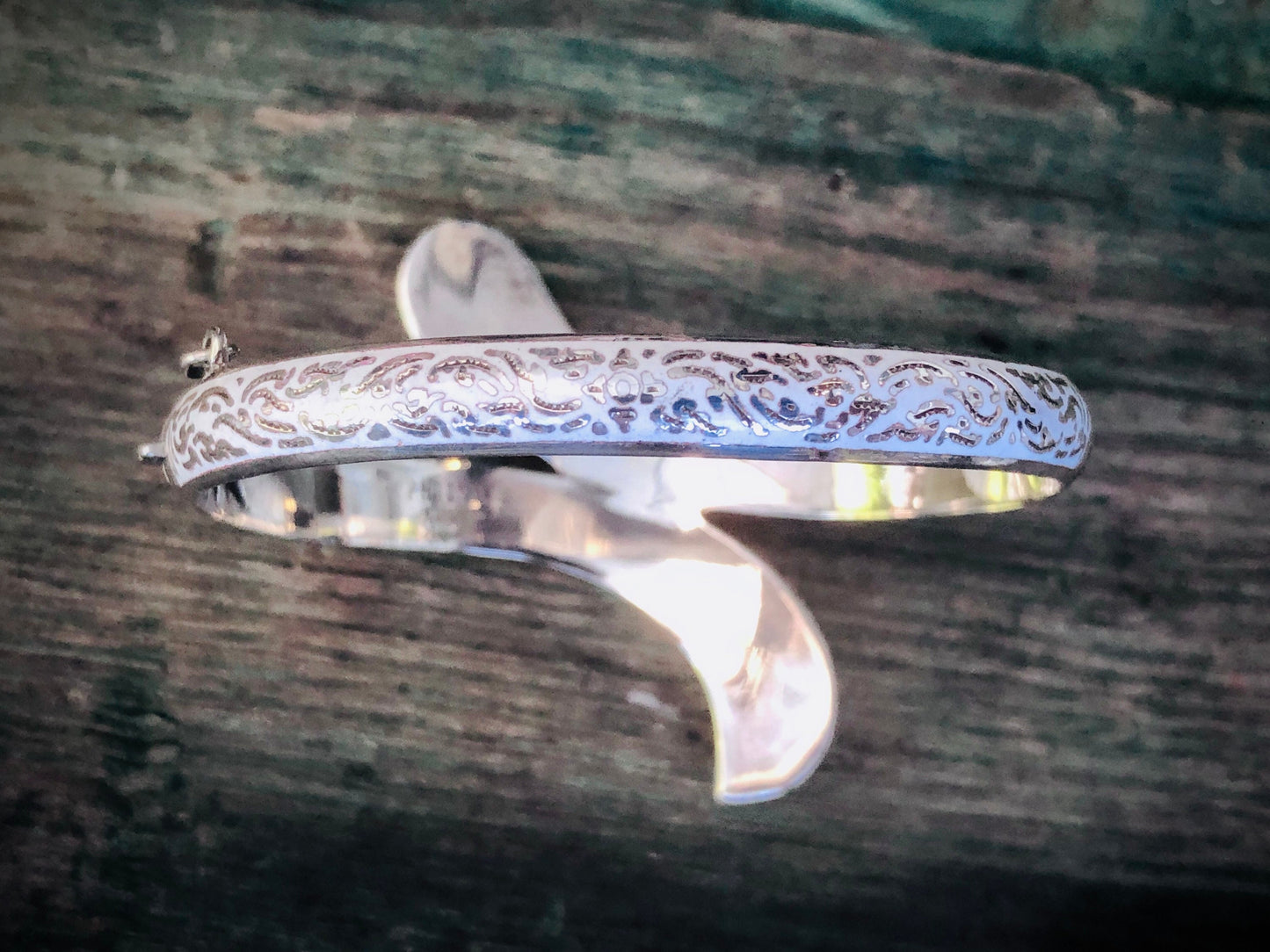 Vintage Siam Sterling Silver White Enamel Mekkalah & Ramasoon Hindu Gods and Goddess Lightning and Thunder Hinged Bangle Bracelet