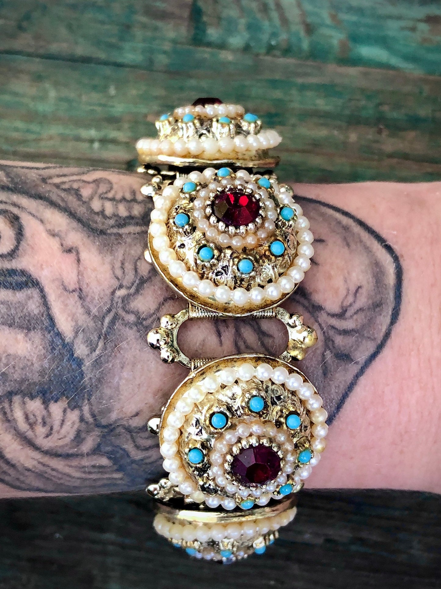 Vintage Chunky Gold Bookchain Ruby Red Crystal, Pearl & Turquoise Bracelet