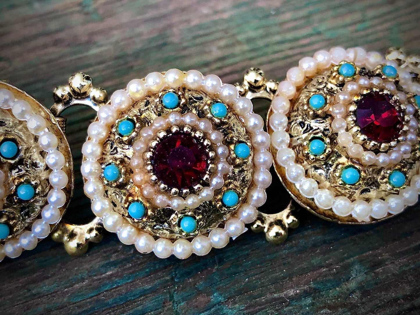 Vintage Chunky Gold Bookchain Ruby Red Crystal, Pearl & Turquoise Bracelet
