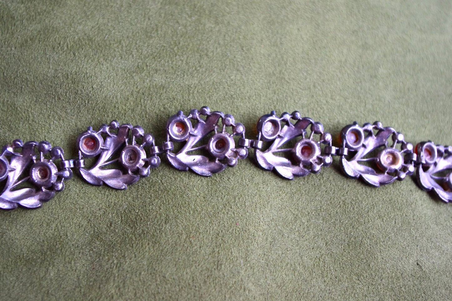Incredible Antique Cast Pot Metal, Frosted Art Glass & Crystal Fruit Salad Panel Bracelet