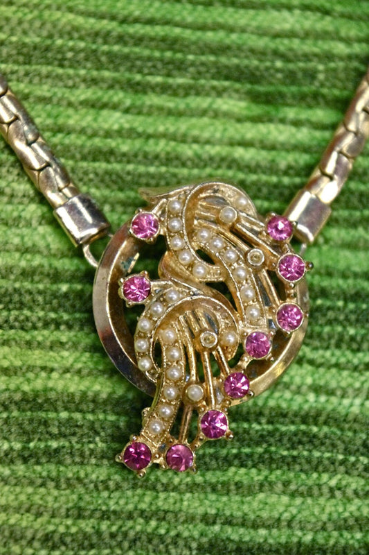 Vintage 1950's Pink Crystal Rhinestone & Seed Pearl Art Deco Gold Pendant Chevron Necklace