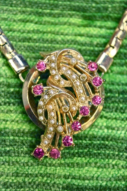 Vintage 1950's Pink Crystal Rhinestone & Seed Pearl Art Deco Gold Pendant Chevron Necklace