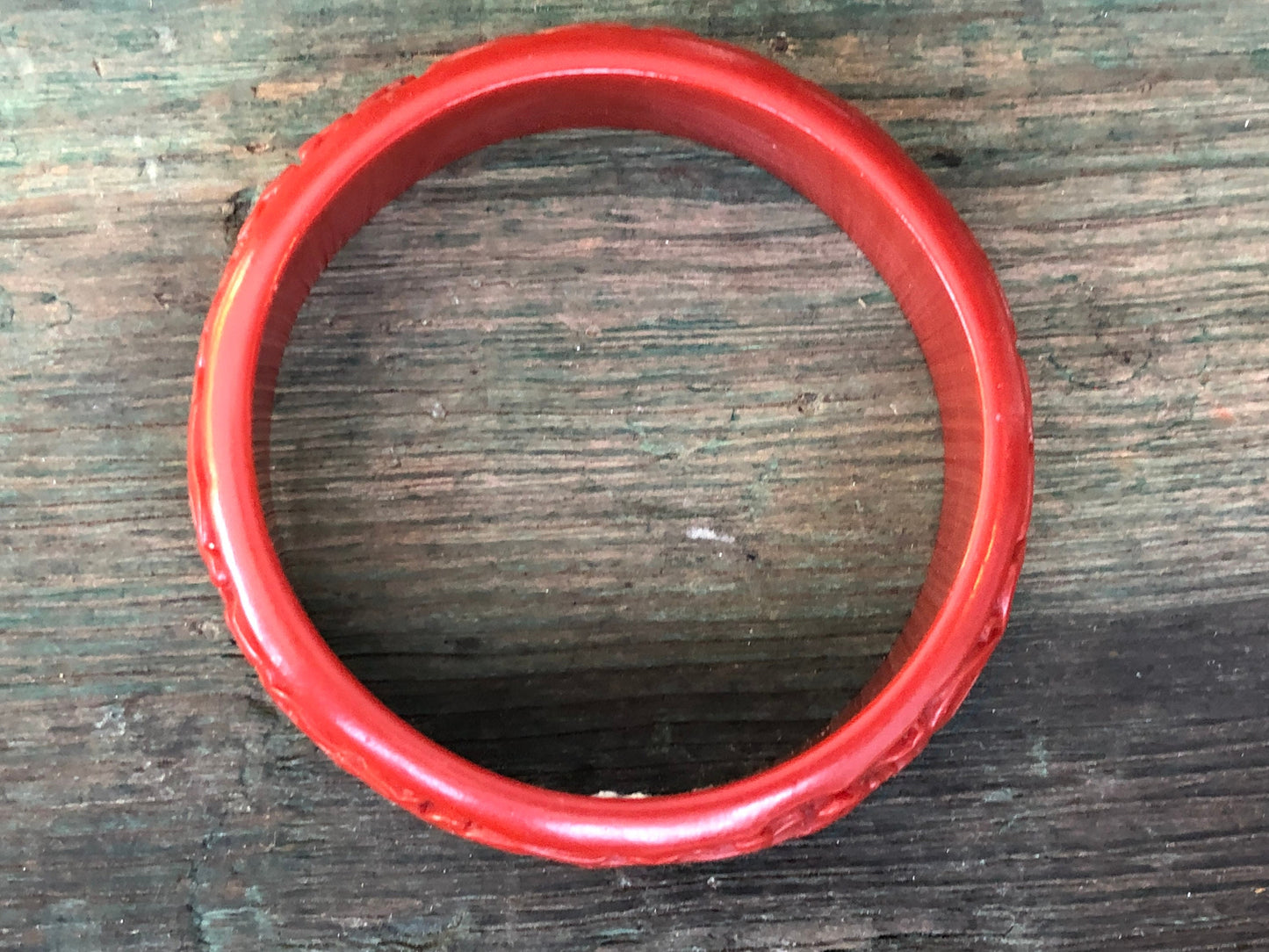 Vintage Red Cinnabar Molded Early Plastic Floral Carved Design Bangle Bracelet