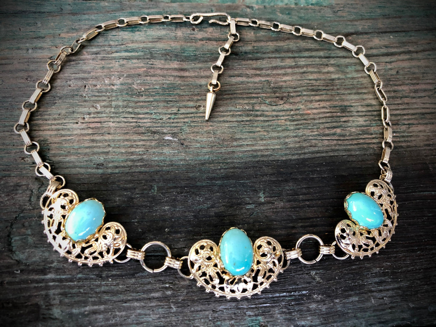 Vintage 1950s Gold Stamping Panel Necklace with Robins Egg Turquoise Blue Glass Cabochons