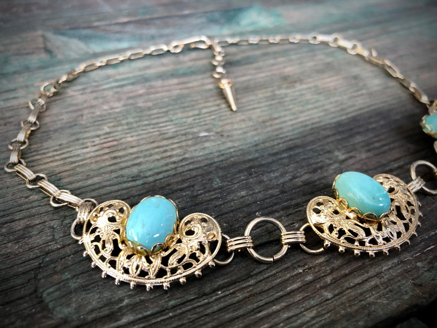 Vintage 1950s Gold Stamping Panel Necklace with Robins Egg Turquoise Blue Glass Cabochons