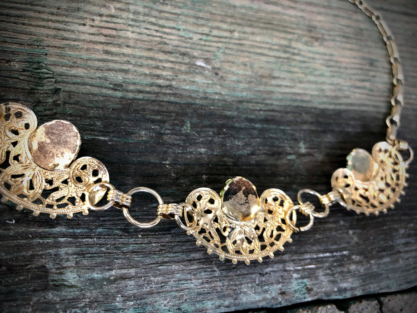 Vintage 1950s Gold Stamping Panel Necklace with Robins Egg Turquoise Blue Glass Cabochons