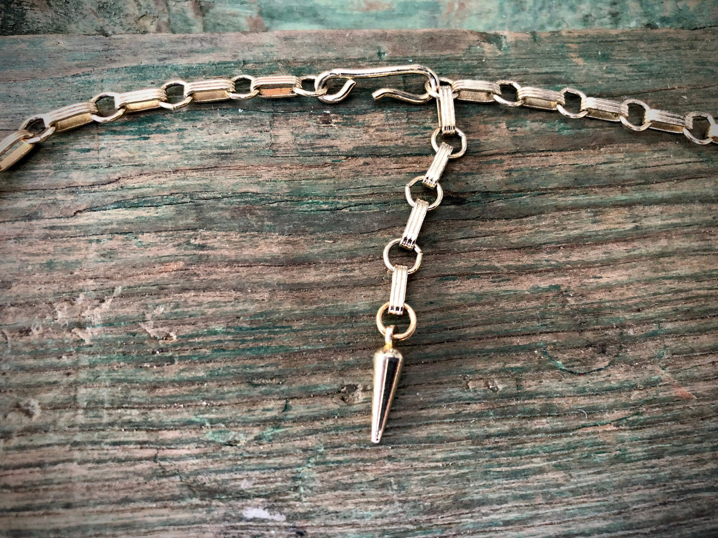 Vintage 1950s Gold Stamping Panel Necklace with Robins Egg Turquoise Blue Glass Cabochons