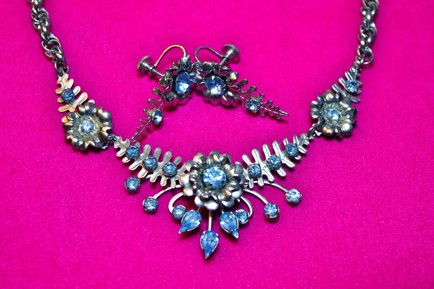 Art Deco Rhodium Silver & Baby Blue Crystal Rhinestone Flower Chevron Necklace and Earrings Parure Set