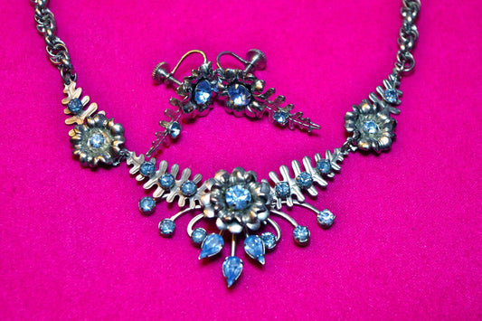 Art Deco Rhodium Silver & Baby Blue Crystal Rhinestone Flower Chevron Necklace and Earrings Parure Set