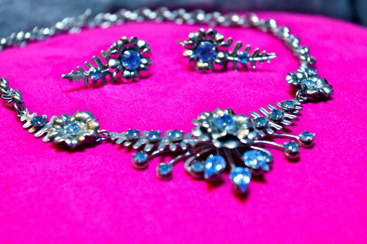 Art Deco Rhodium Silver & Baby Blue Crystal Rhinestone Flower Chevron Necklace and Earrings Parure Set