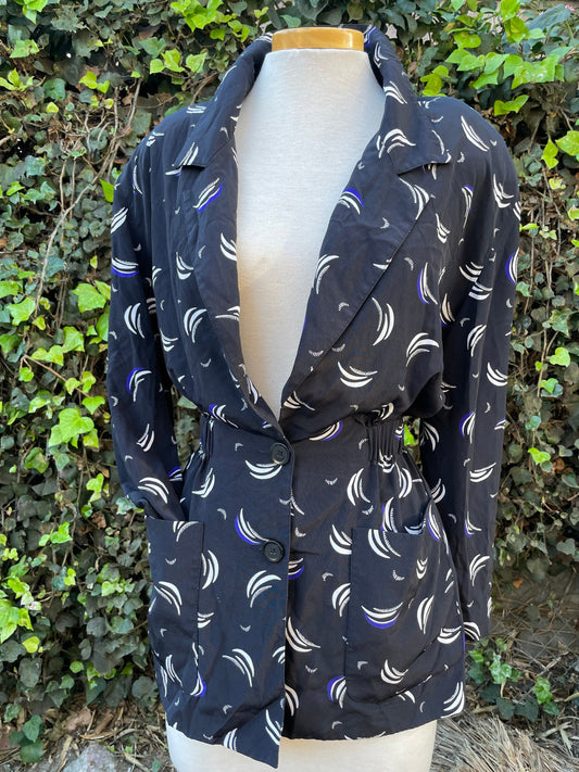 Vintage 1990’s Lightweight Long Blazer Style Black, Purple & White Pattern Jacket