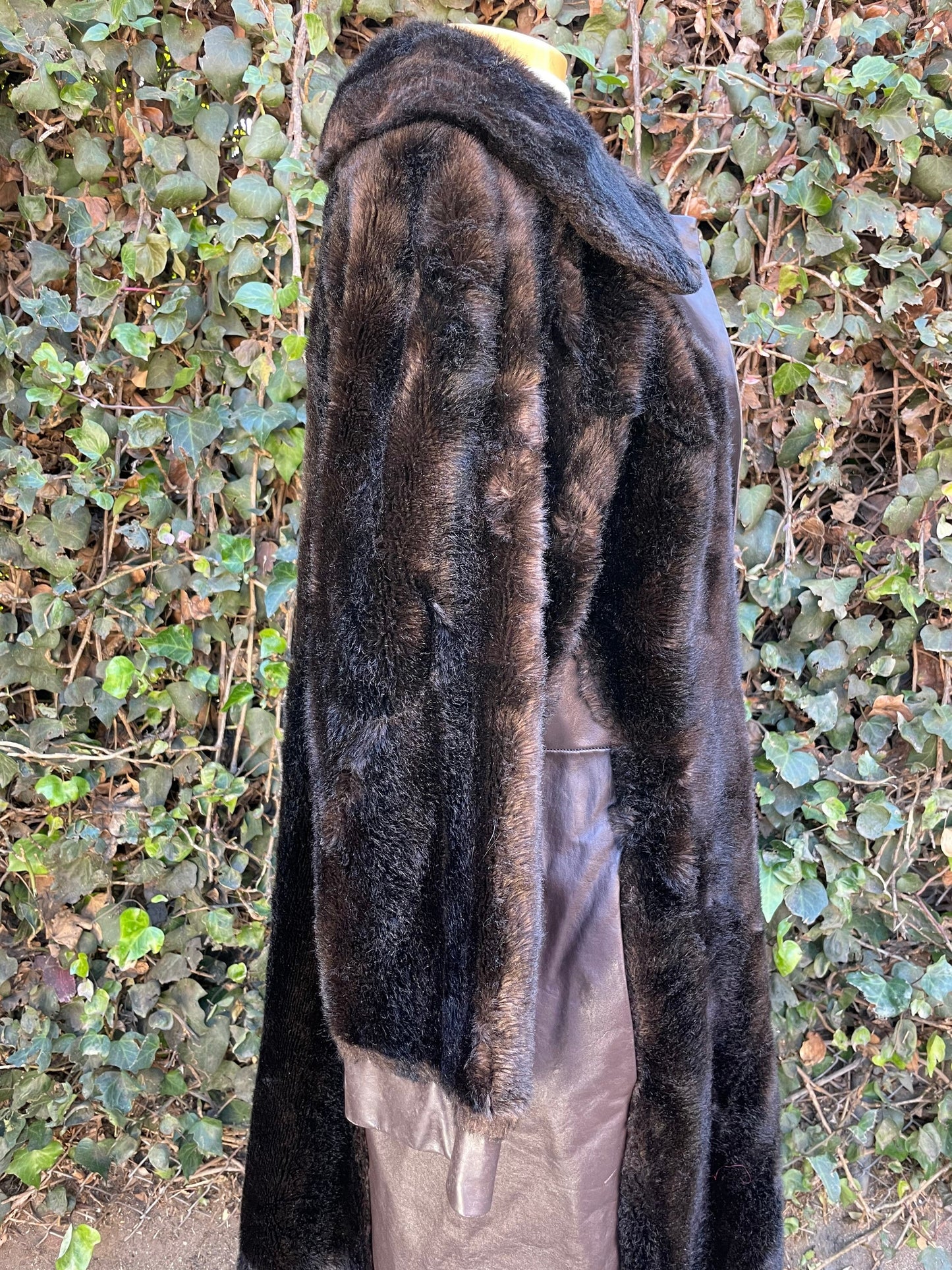 1970’s Vintage Faux Bear Fur & Genuine Leather Long Trench Coat Made in UK