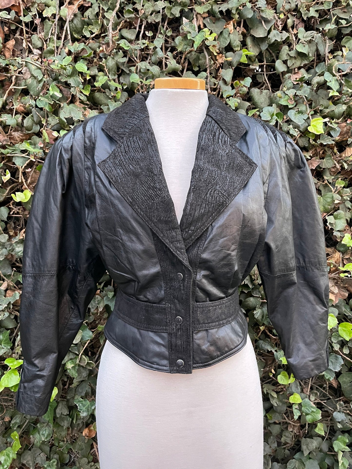 Vintage 1980’s Black Leather & Suede Raglan Batwing Shoulder-Pad Crop Jacket