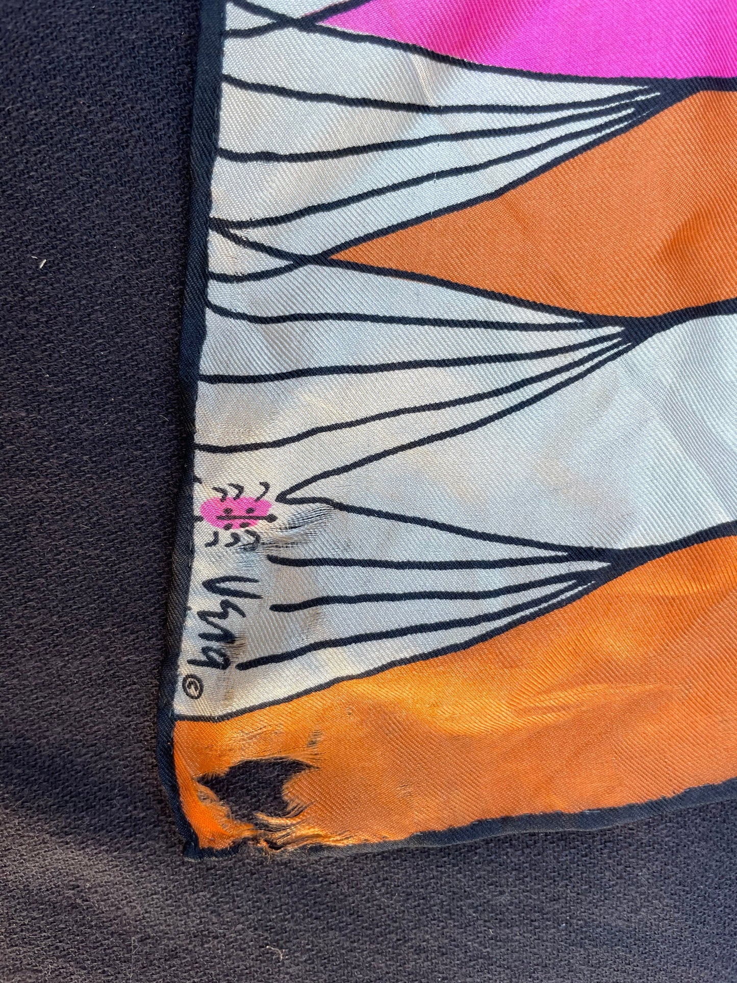 Vintage 1960 Geometric Designer Vera Scarf : Pink, Orange, White & Black Stripe
