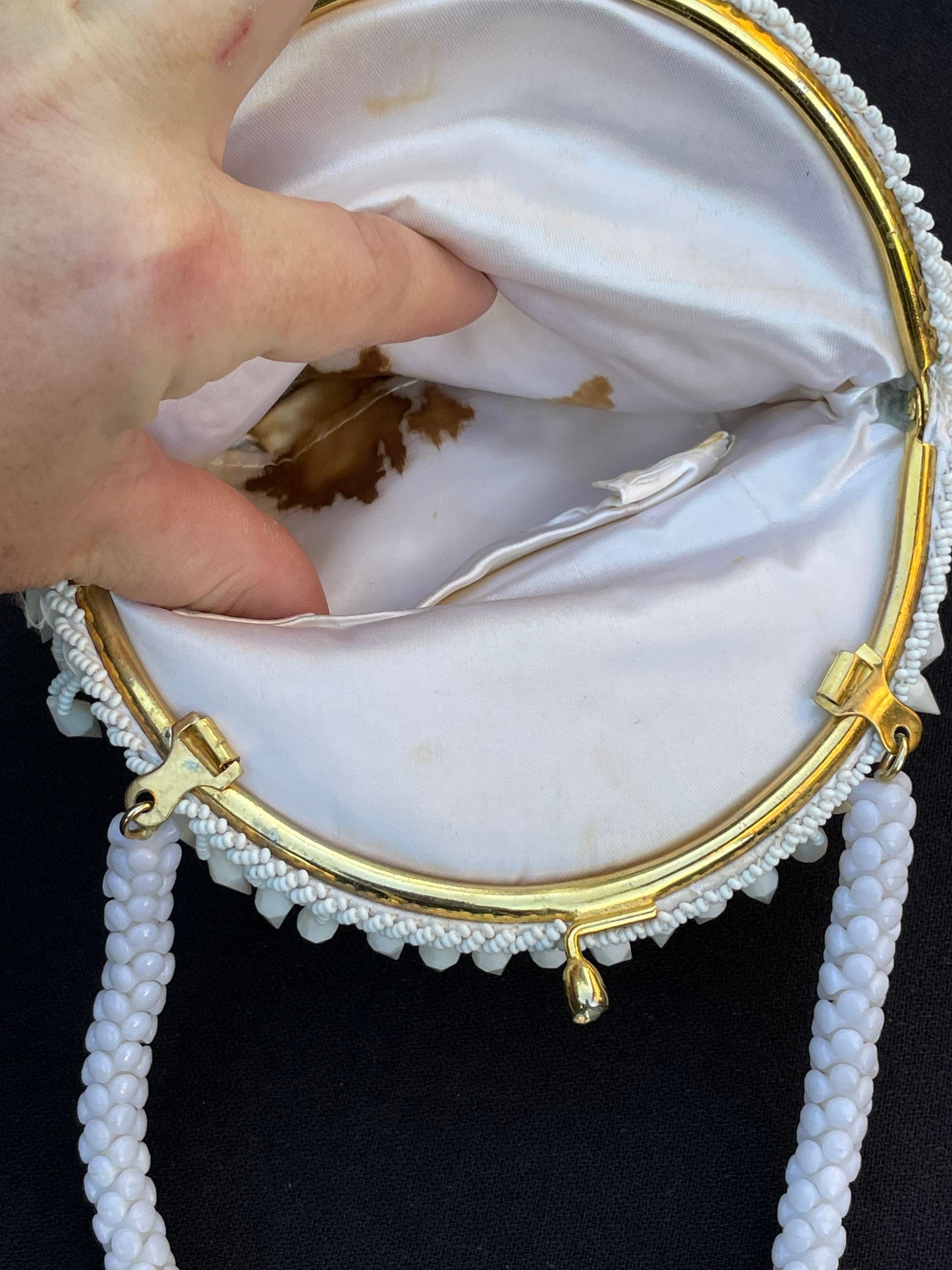 Vintage White Milk Glass Beaded Flapper Bag Purse