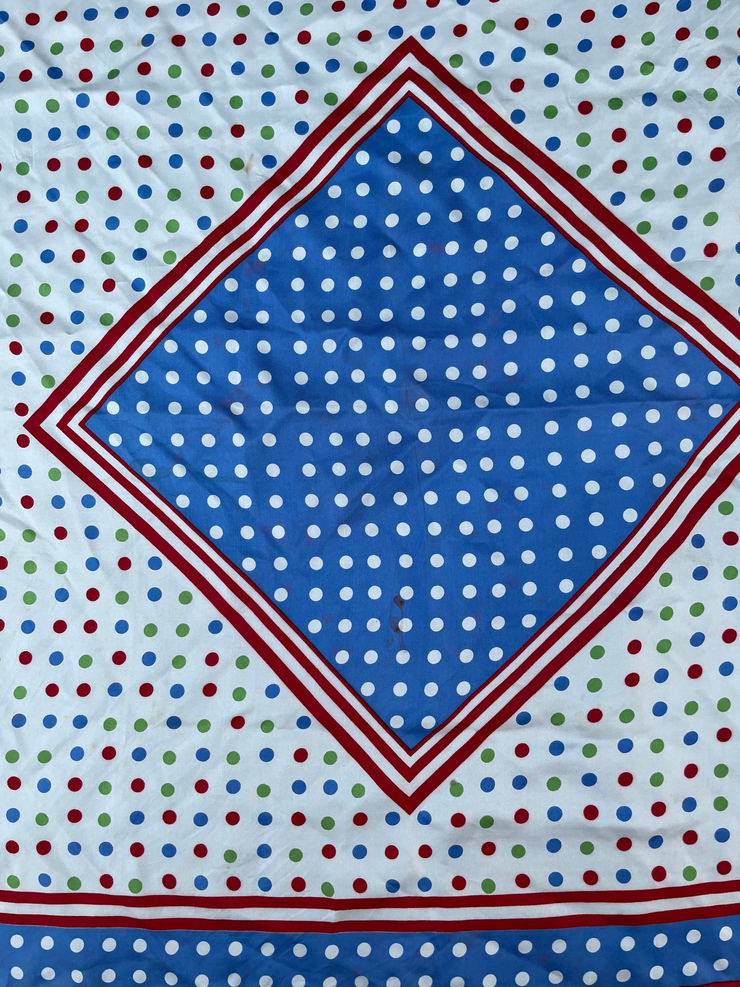 1980’s Vintage Scarf Fun Polka Dot Red Blue Green & White Clown Design