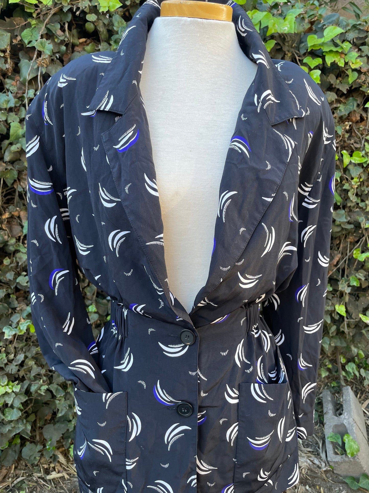 Vintage 1990’s Lightweight Long Blazer Style Black, Purple & White Pattern Jacket
