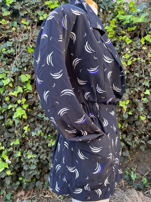 Vintage 1990’s Lightweight Long Blazer Style Black, Purple & White Pattern Jacket