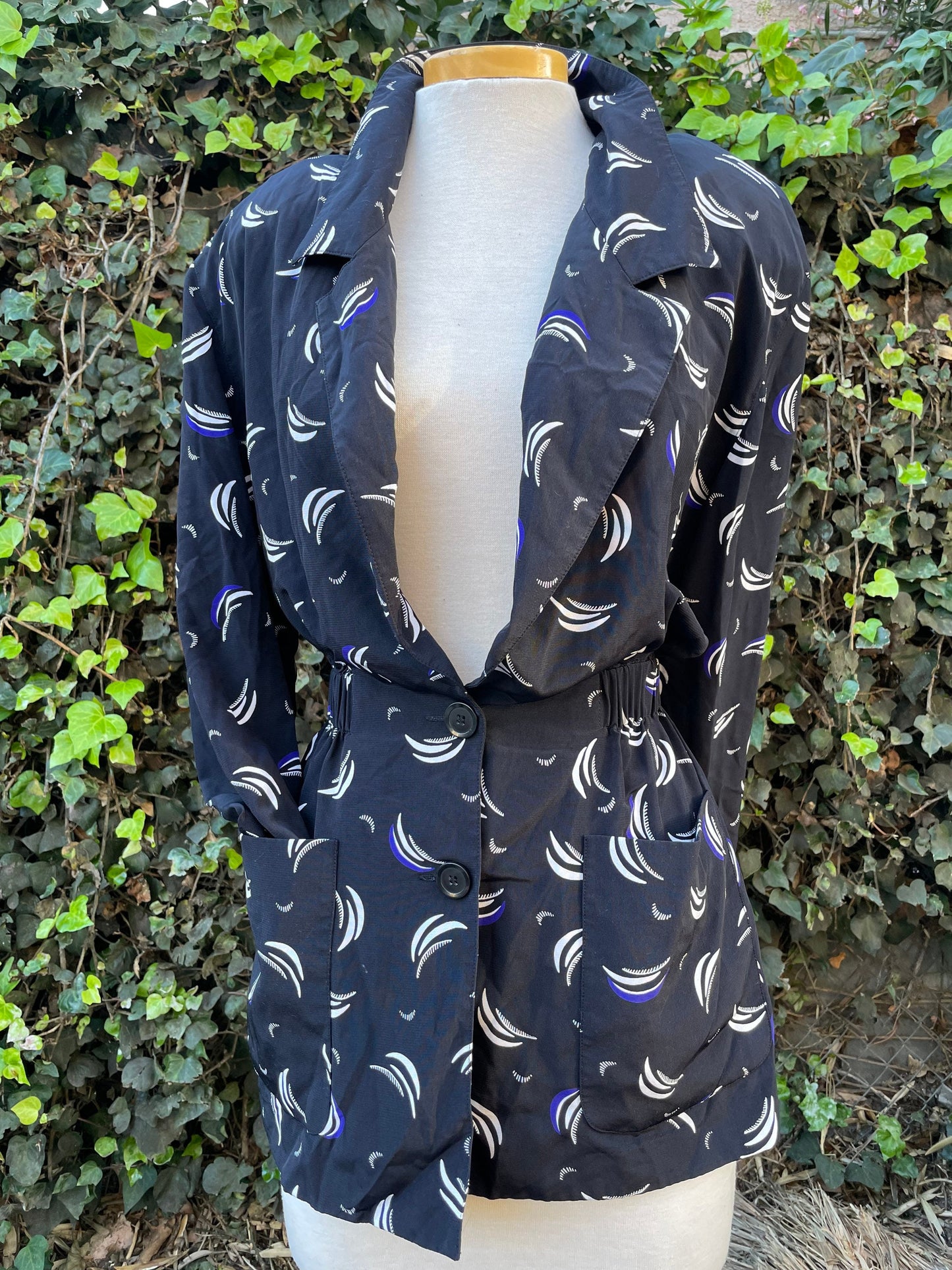 Vintage 1990’s Lightweight Long Blazer Style Black, Purple & White Pattern Jacket