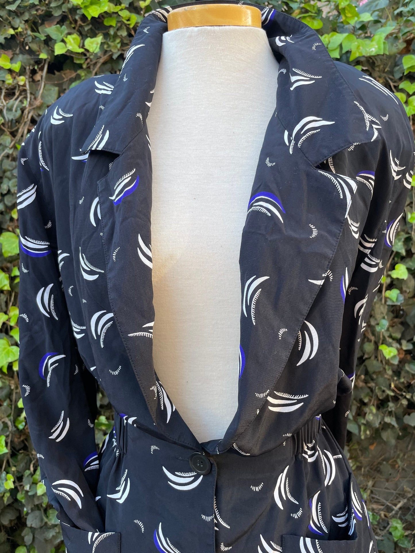 Vintage 1990’s Lightweight Long Blazer Style Black, Purple & White Pattern Jacket
