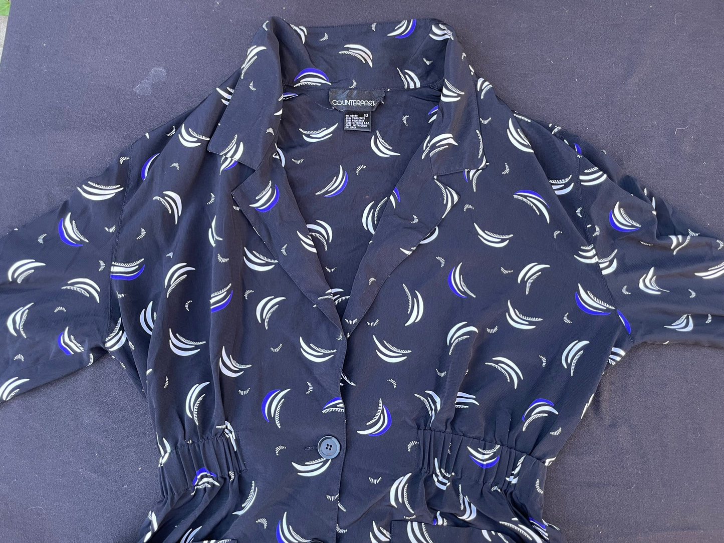 Vintage 1990’s Lightweight Long Blazer Style Black, Purple & White Pattern Jacket