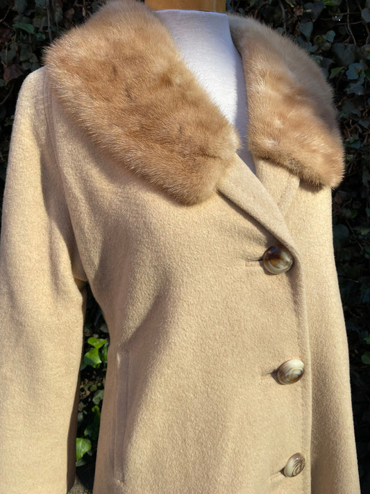 1960 Vintage Light Tan Camel Hair & Fur Collar Long Coat