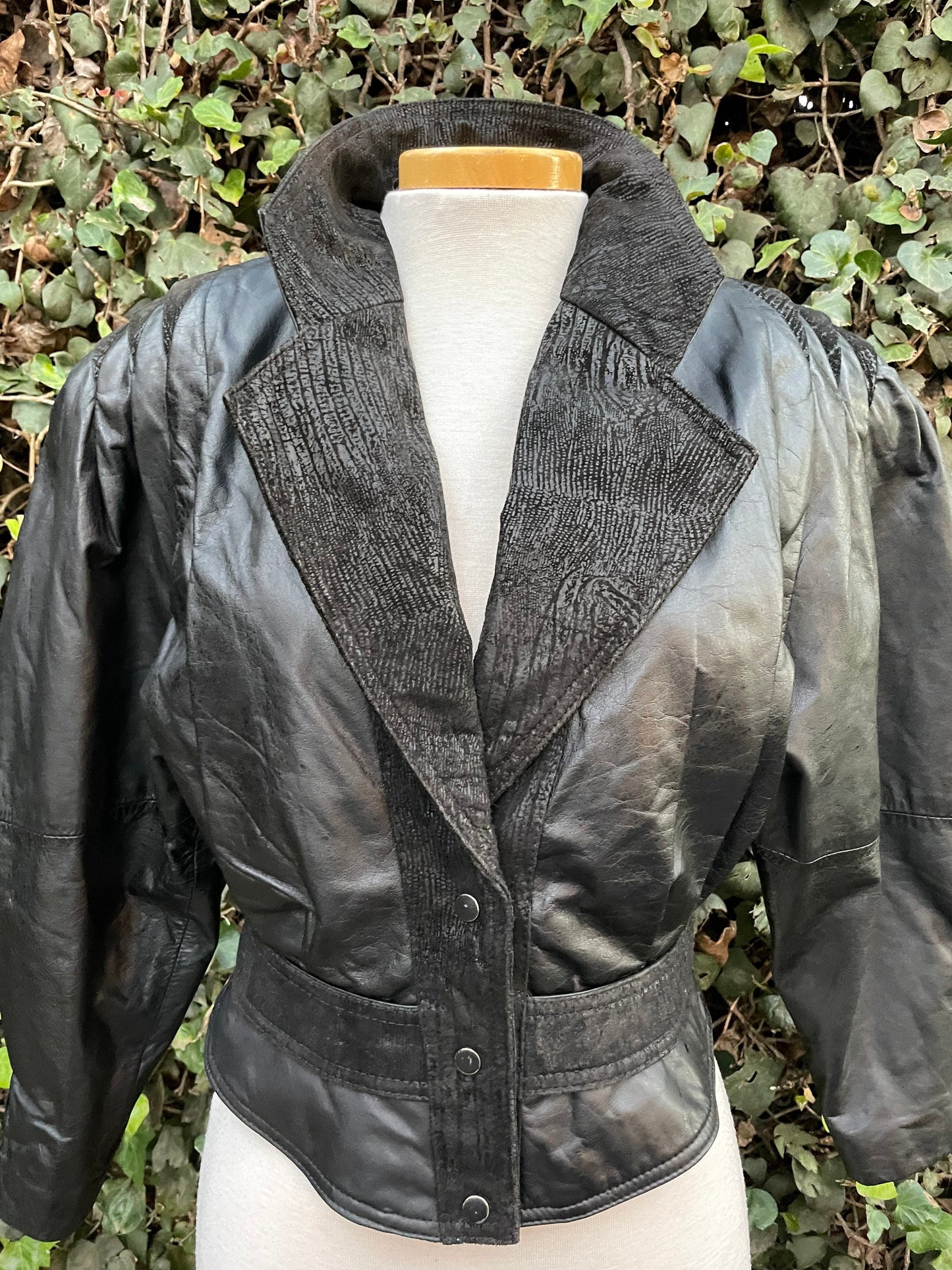 Vintage 1980’s Black Leather & Suede Raglan Batwing Shoulder-Pad Crop Jacket
