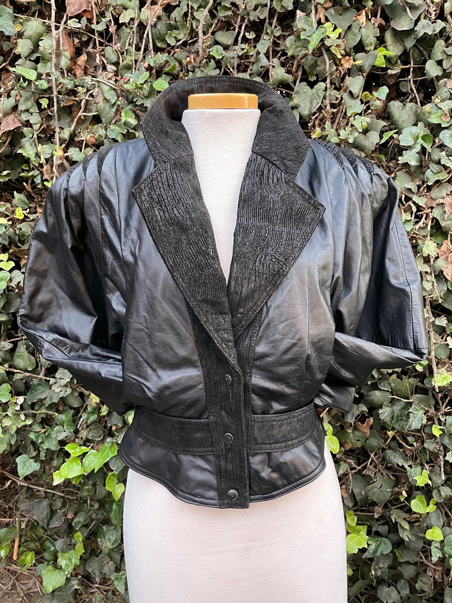 Vintage 1980’s Black Leather & Suede Raglan Batwing Shoulder-Pad Crop Jacket
