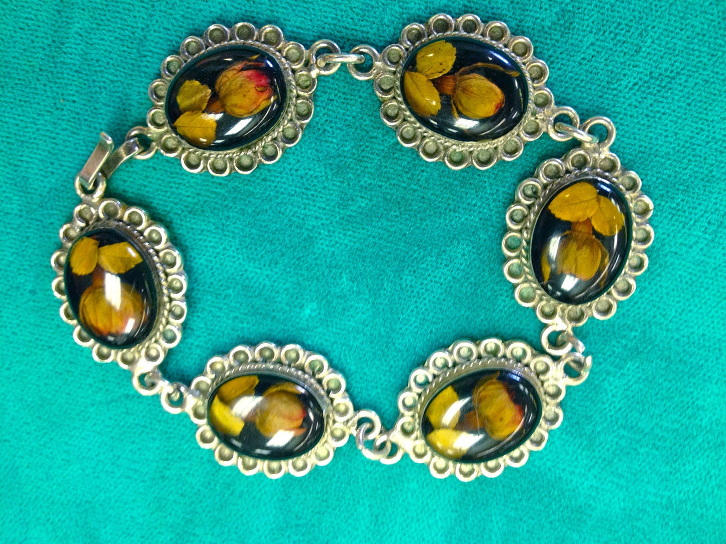 Unique Vintage Mexican Sterling Resin Real Rose Flower Link Southwest Arts & Crafts Bracelet