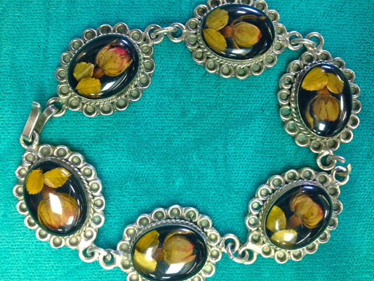 Unique Vintage Mexican Sterling Resin Real Rose Flower Link Southwest Arts & Crafts Bracelet