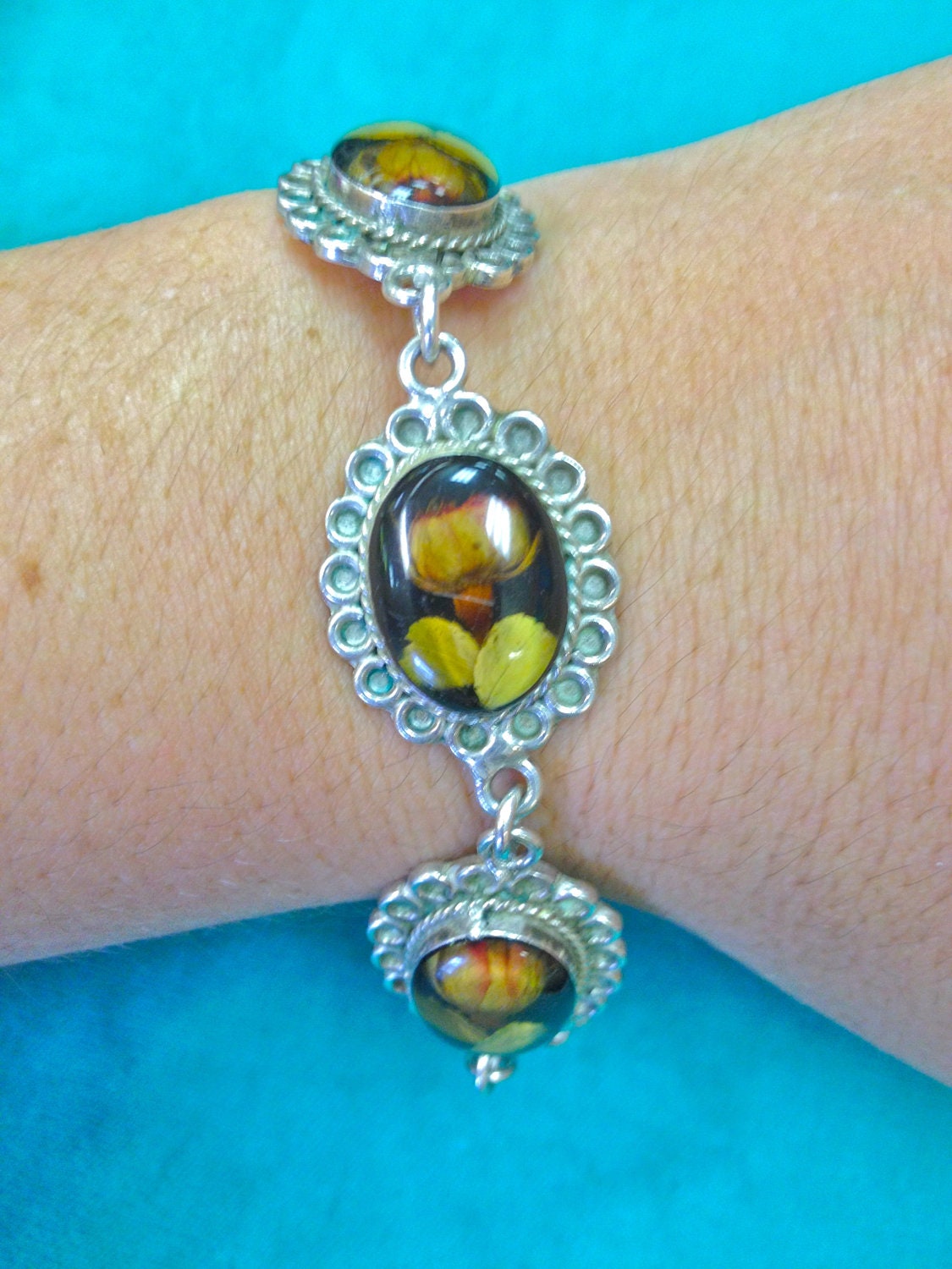 Unique Vintage Mexican Sterling Resin Real Rose Flower Link Southwest Arts & Crafts Bracelet