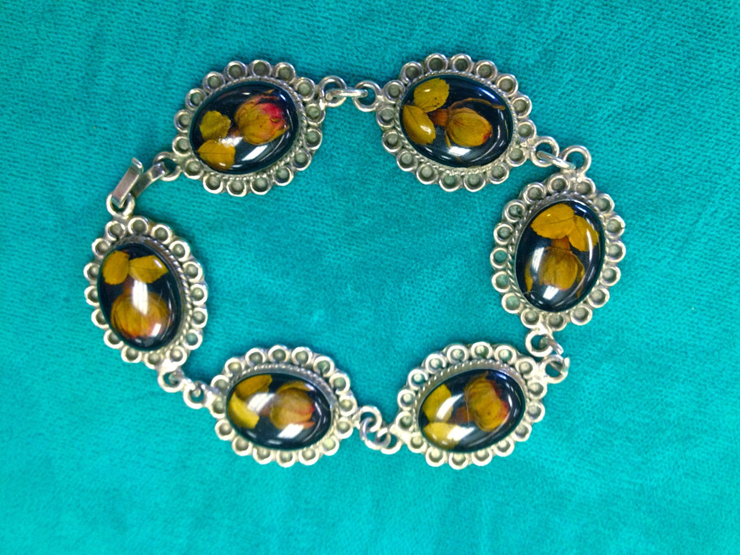 Unique Vintage Mexican Sterling Resin Real Rose Flower Link Southwest Arts & Crafts Bracelet