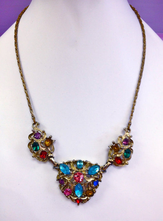 Beautiful Czech Gilt Metal Open Work Fruit Salad Multi Color Crystal Chevron Necklace